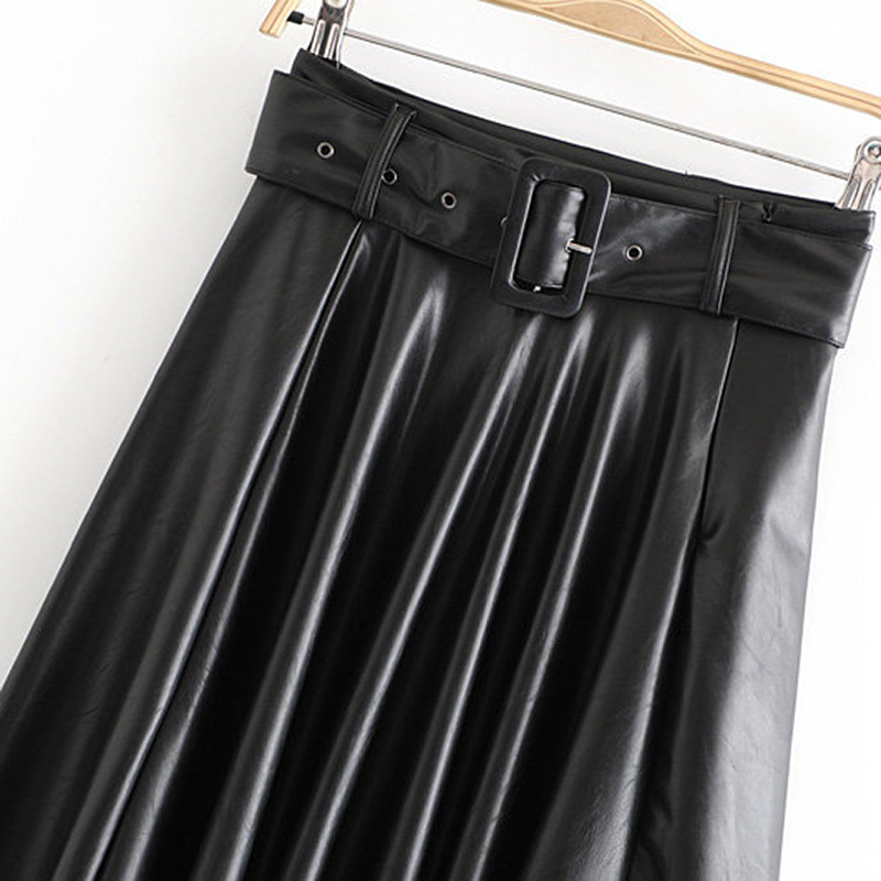 Aachoae Faux Leather Skirt Women Elegant Tie Belt High Waist Long Pleated Skirts Vintage A-line Midi Skirt Spring 210309