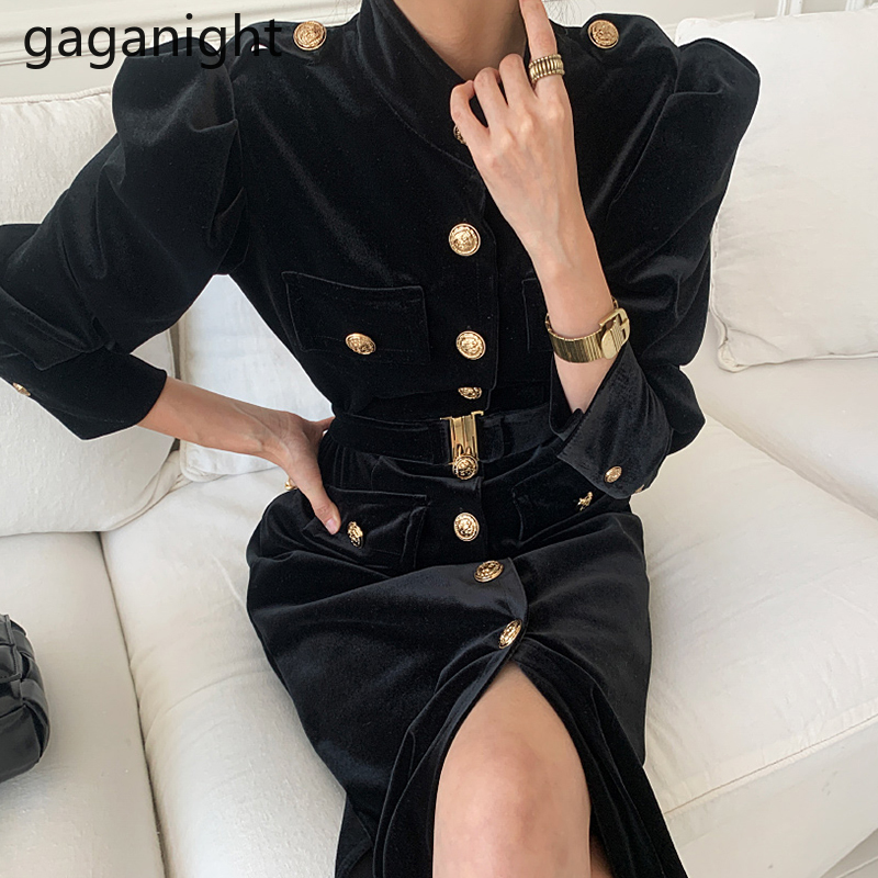 Gaganight Autumn Winter Velvet Women Maxi Dress Long Sleeve Single Breasted Slim Korean Dresses Female Lady Elegant Vestidos New 210303