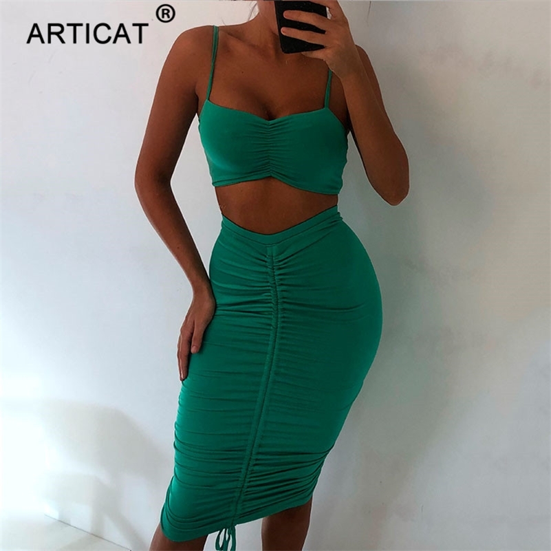Articat Two Piece Sexy Pleated Party Dress Women Spaghetti Strap Backless Slinny Pencil Christmas Dress Casual Dress Vestidos 210309