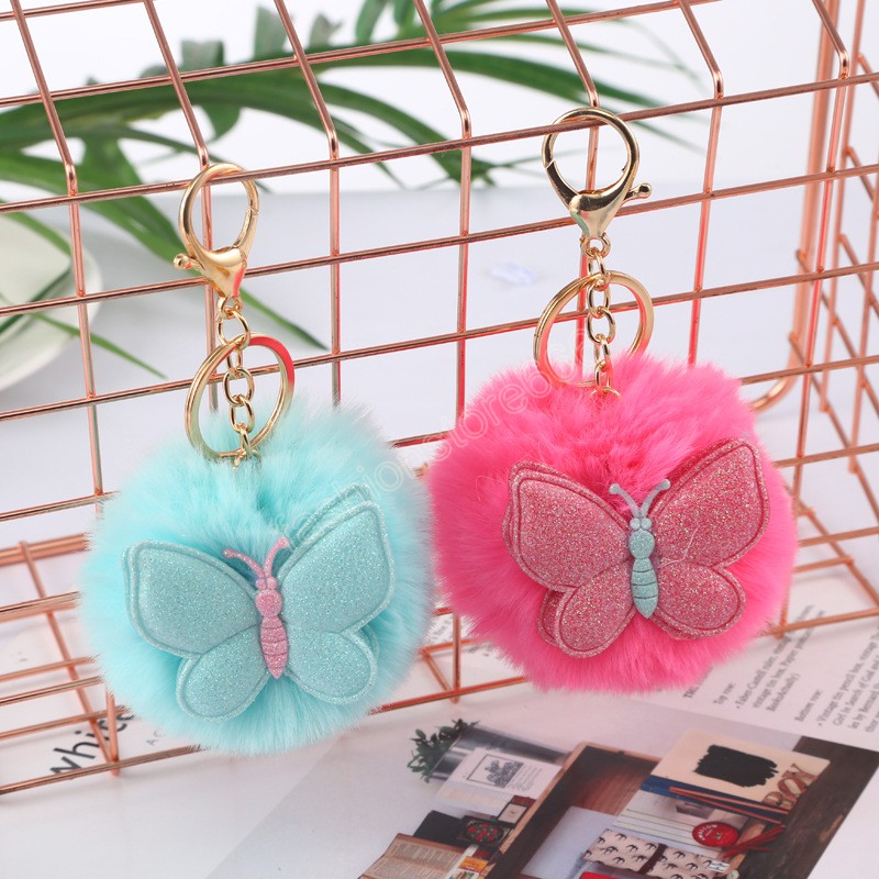 Lovely Fluffy Fur Pom Pom Key Chains Soft Plush Ball Car Keyring With Butterfly Pattern For Women Handbag Pendant Jewelry Gifts