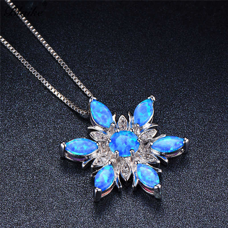 Blaike 925 Sterling Silver Snowflake Pendants For Women Pink/Blue/White Fire Opal Necklaces Rainbow Stone Birthstone Choker Gift 210621