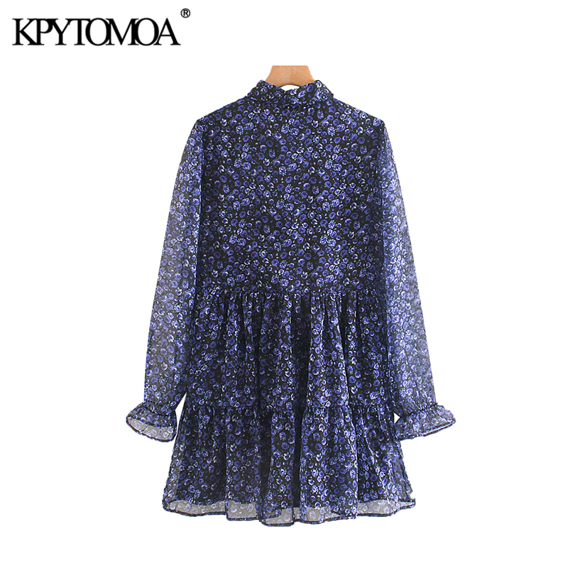 Vintage Elegant Floral Print Pleated Mini Dress Women Fashion Lapel Collar See Through Sleeve Female Dresses Vestidos Mujer 210303