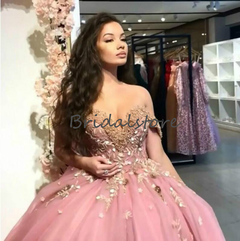 Princess Rose Pink Ball Gown Quinceanera Dresses 2021 Sexy Off The Shoulder Tulle Sweet 16 Dress Applique Beaded Prom Pageant Party Dress