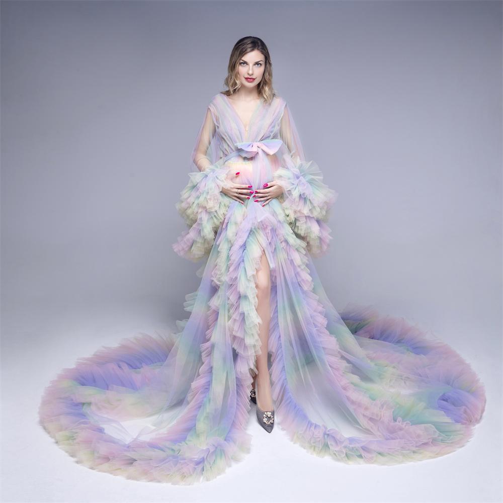 Real Photo See Thru Evening Dress Ruffles Rainbow Color Cap Sleeves Pregnant Women Sexy Prom Gowns Maternity Lingerie Nightwear