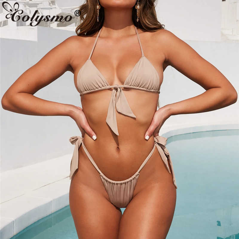 Colysmo Sexy Micro Bikini Set Tie Up Bow Push Swimwear Women Spaghetti Straps Halter Solid Color Beach Thong Bathing Suit 210527