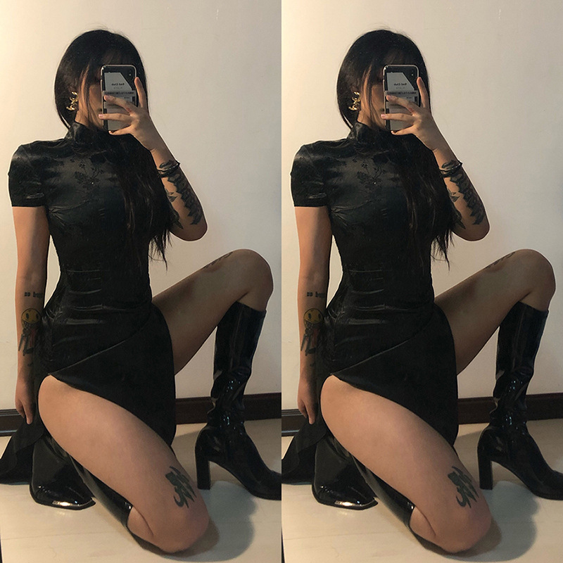 Bodycon Black Maxi Dress Women Gothic Vintage Cheongsam Print Short Sleeve Long Dress Female Sexy Split Party Dresses, Black;gray
Bodycon Black Maxi Dress Women Gothic Vintage Cheongsam Print Short Sleeve Long Dress Female Sexy Split Party Dresses, Black;gray
