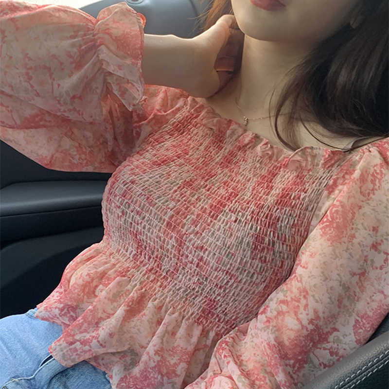 Korejpaa Women Shirt Summer Korean Chic Girls Gentle Sweet Wooden Ear Stitching Pleated Flared Sleeve Chiffon Floral Blouse 210526