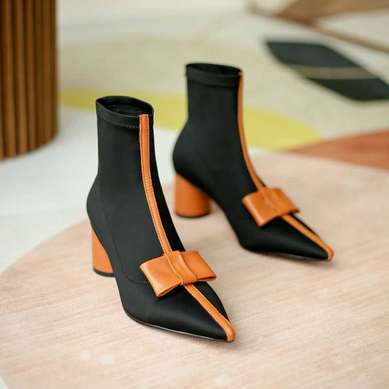 ALLBITEFO fashion sweet bowtie Elastic material barnd high heels ankle boots for woemn thick heels winter snow women boots 210611