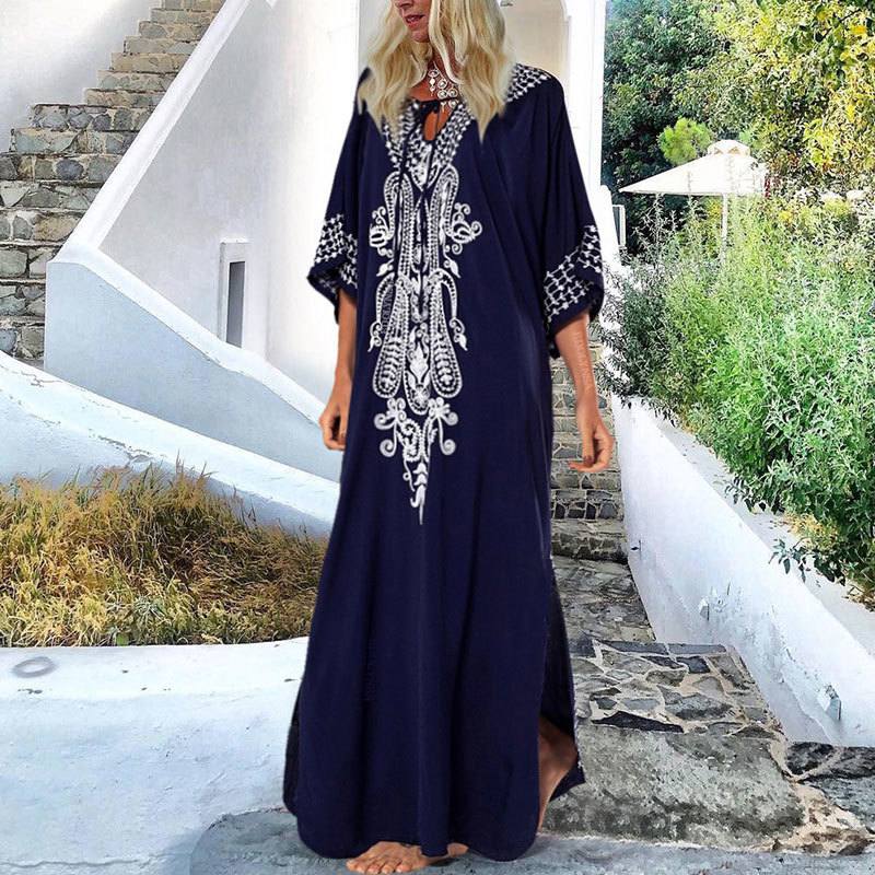 2021 Indie Folk Lace Up V-Neck Batwing Sleeve Summer Beach Dress Tunic Women Beachwear kaftan Maxi Dress Robe Sarong N775 210224