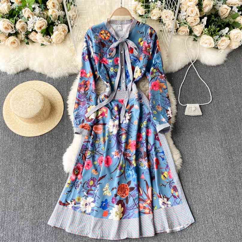 Women Fashion Chic Round Neck Long Sleeve Print A-line Dress Elegant Clothes Vestidos De Mujer R889 210527