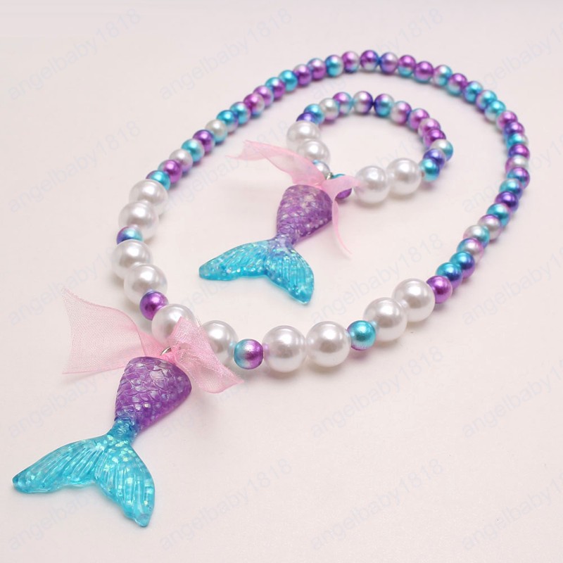 Charming Baby Girls Purple Mermaid Tail Pendant Necklace Bracelets Fashion Pearls Beaded Bangles For Kids Party Gift