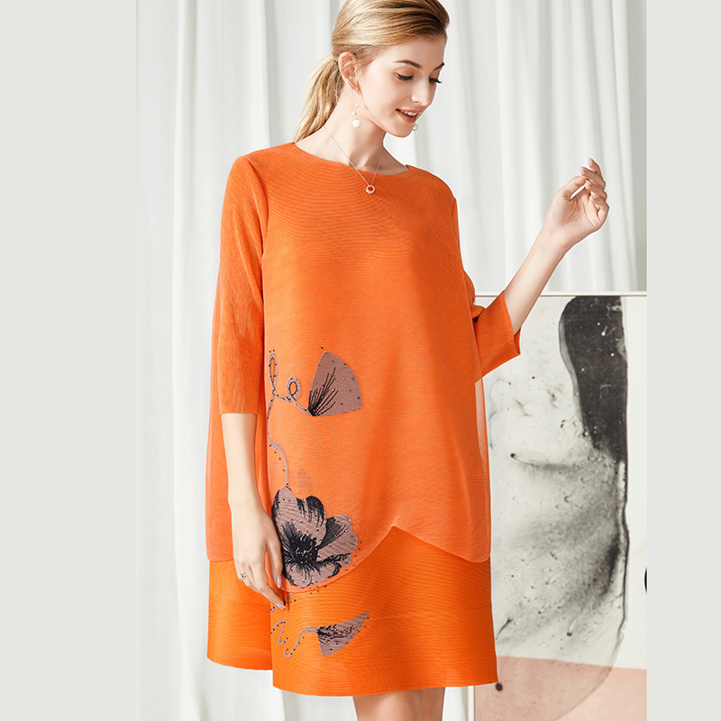 Flower Drill Mesh Pleated Dress Women's Summer Three Quarter Sleeves Loose Casual Orange Dresses Mother Gift 2D3930 210526