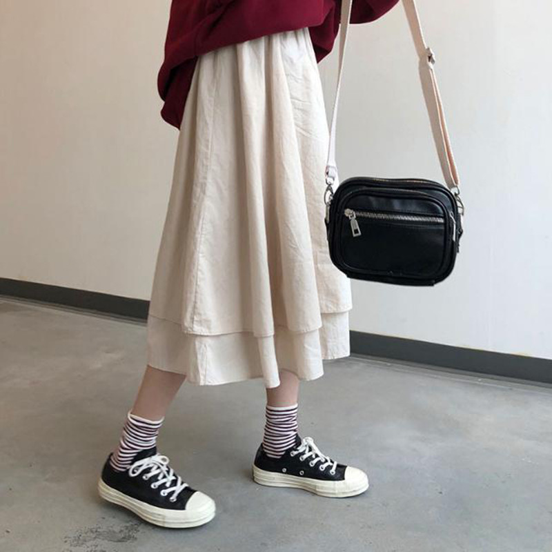 Black Beige Korean Spring High Waist Long Skirts Solid Color A Line Irregular Cascading Skirts Womens Female Elegant Streetwear 210309