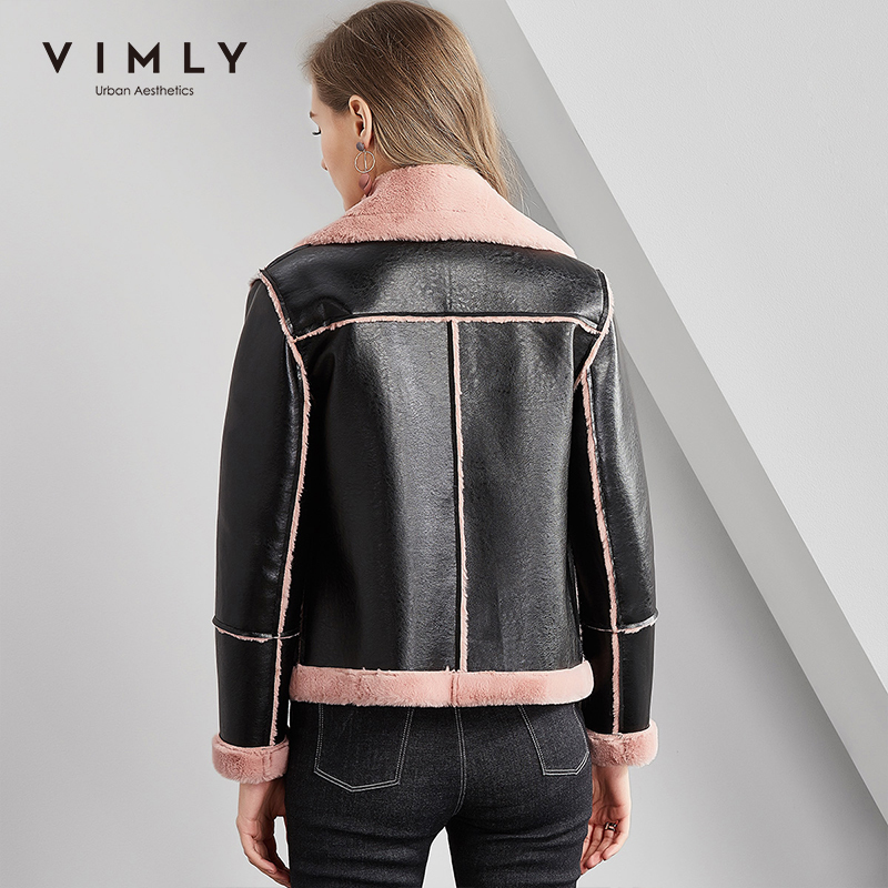 Vimly Women Lambswool Jacket Streetwear Autumn Winter Lapel Patchwork Zipper Thick Casual Female Short Leather Jacket 3389H 201019