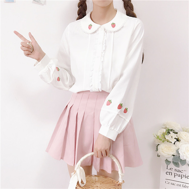 Wohreb Japanese Kawaii Long Sleeve White Blouses Summer Sweet Strawberry Embroidery Shirt Elegant Ruffle Blusas 21686 210225