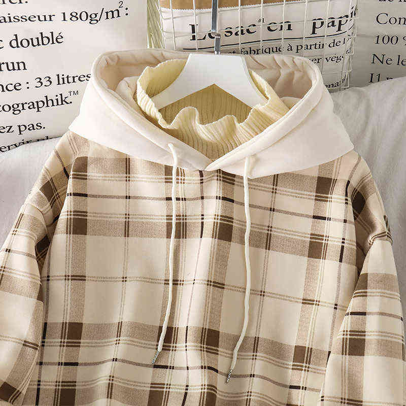Women Fleece Hoodies Sweatshirt Winter Plaid Pirnted Cotton Hooded Sweatshirt Casual Loose Hooded Pullover Oversize Jacket 211109