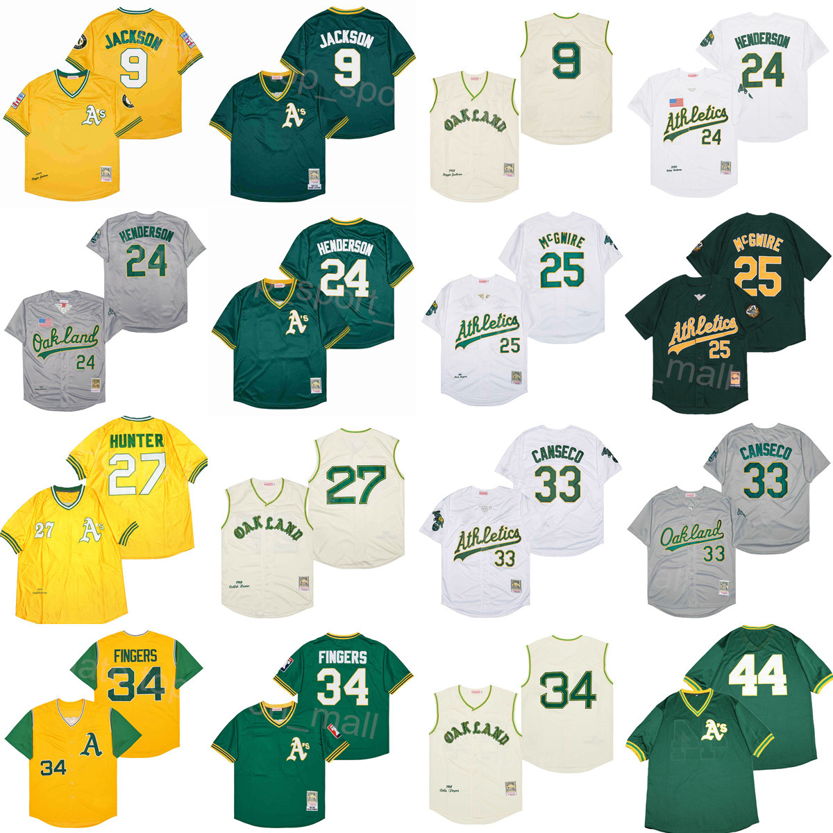 1968 1972 1976 1989 Baseball Retro 27 Catfish Hunter Jersey Vintage 9 Reggie Jackson 34 Rollie Fingers 33 Jose Canseco 24 Rickey Henderson Green White Beige Yellow