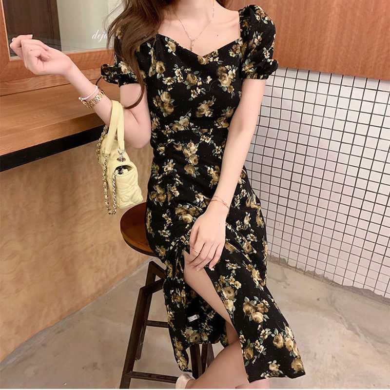 Elegant Floral Dress Women Short Sleeve Midi Vintage Dress Square Collar French Retro Sexy Party Dress Summer Korean Style 210630