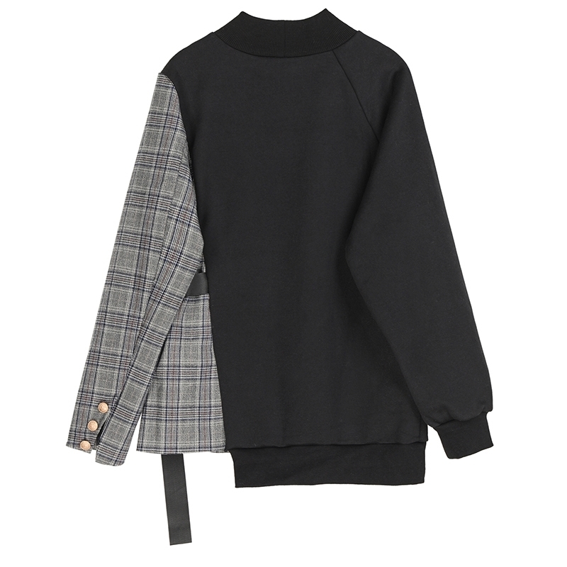 [EAM] Loose Fit Black Plaid Asymmetrical Sweatshirt New Round Neck Long Sleeve Women Big Size Fashion Tide Spring LJ201130