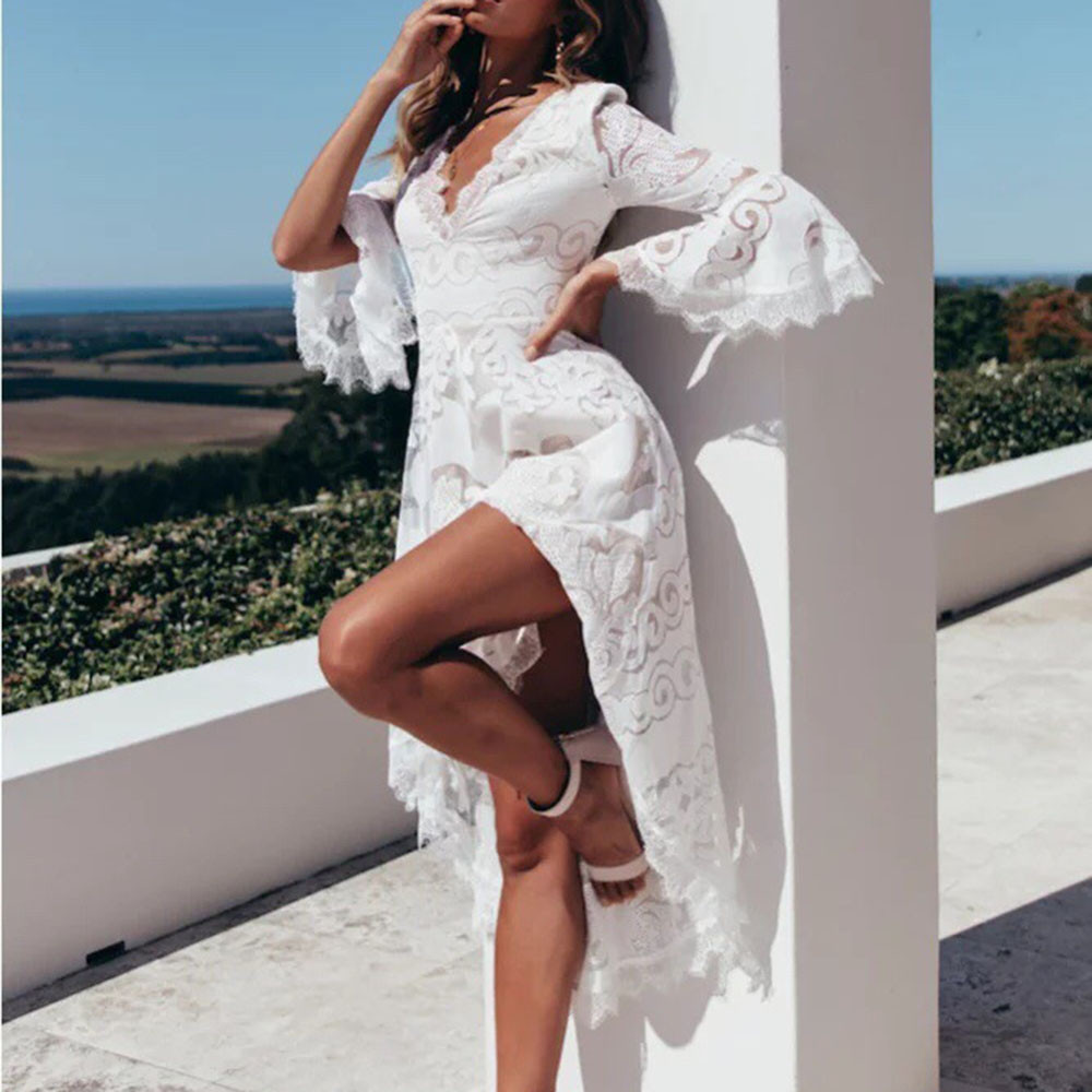 38 Women Sexy Lace White Bodycon Party Dresses Summer Dress Sexy Deep V Neck Long Sleeve Ruffle Hollow Party Dresses Vestidos 201008
