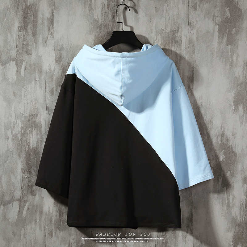 Half Sleeve Hoodies T-shirt Sweatshirts Men Hooded Casual Male Lace Up big X print 210629