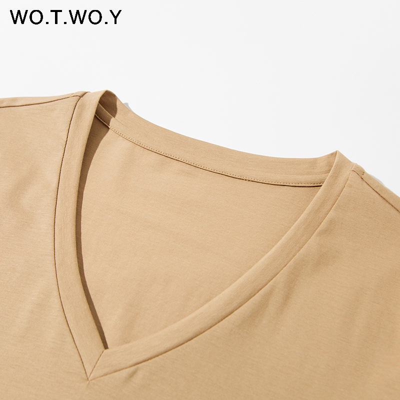 WOTWOY Summer Knitted V-Neck T-Shirt Women Cotton Basic Solid Tee Shirt Female Short Sleeve Kintwear Tops Harajuku Tshirt Ladies 210306