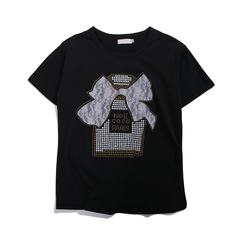 Summer new fashion loose Plus Size black with rhinestones short-sleeved T-shirt female street casual hot drilling Tee tops 210306