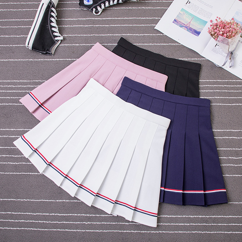 XSXXL High Waist Womens Skirts Striped Pleated Skirt Elastic Waist Female Skirts Sweet Mini Skirts Dance Skirt Plaid Skirt y2k 210306