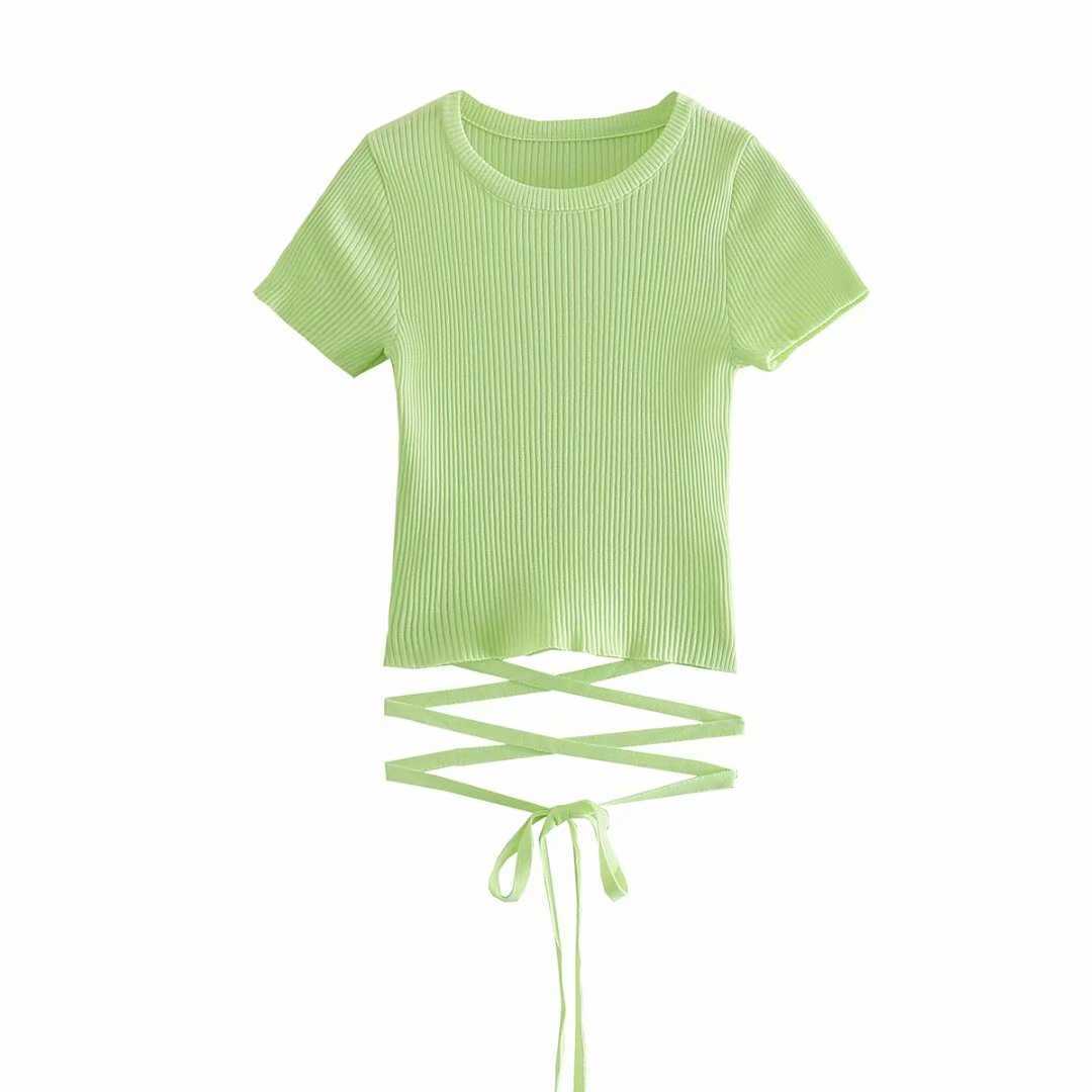 Crop Shirt Women Bandage Waist Short Sleeves Chic Lady High Fashion Casual Knit Crop Top Woman Summer Tops 210709