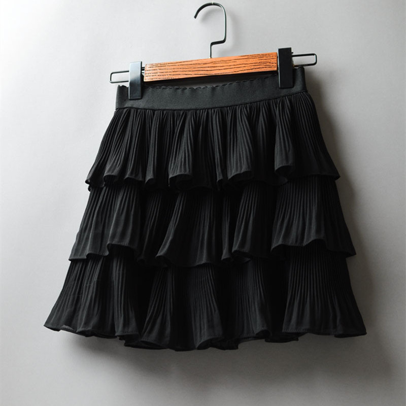 Summer Women Elasticity Waist Mini Skirt Ladies Chiffon Skirt Ladies Casual Cake Skirts Black White Femme Pleated Skirts 210306