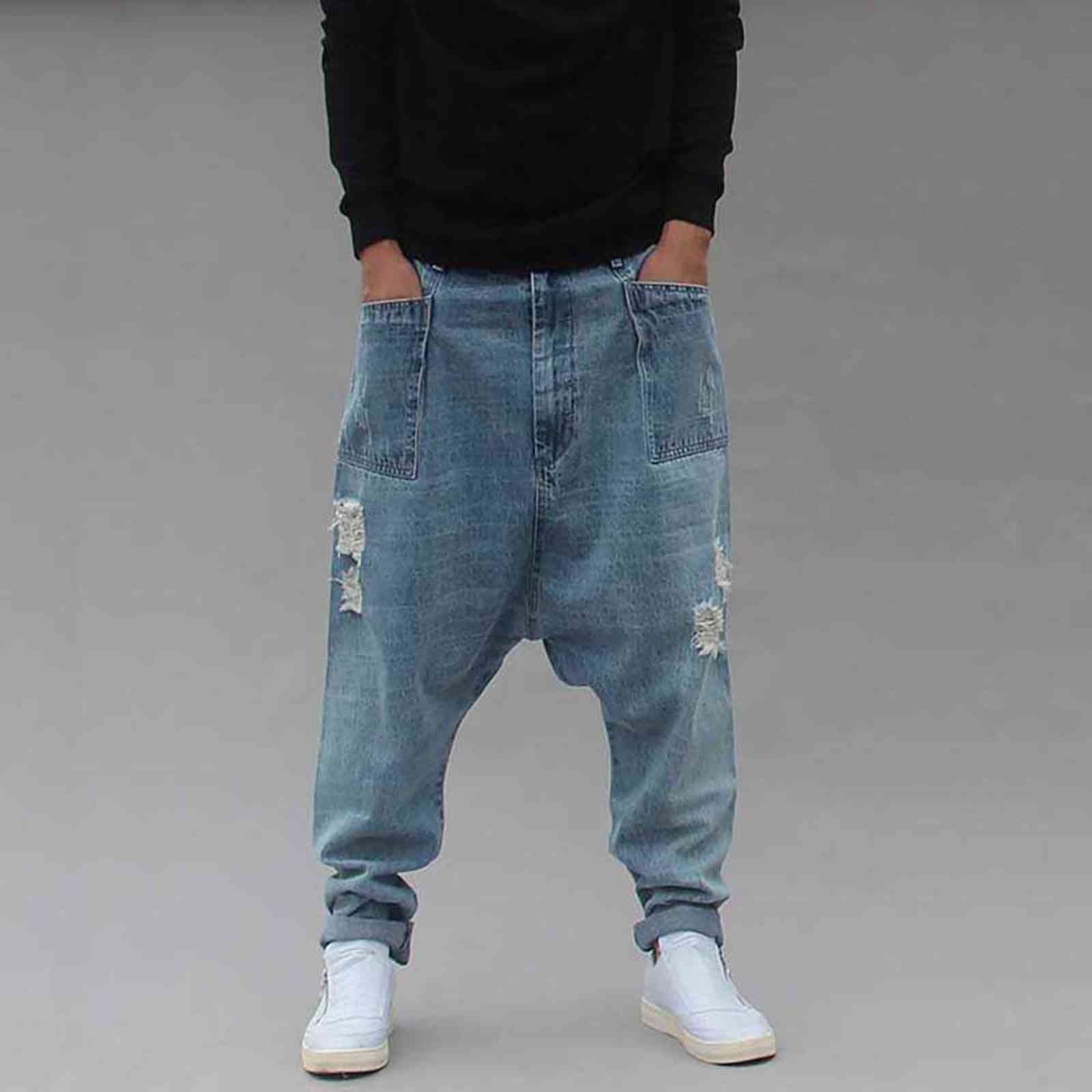 Distressed Streetwear Ripped Harem Jeans Men Casual Loose Baggy Trousers Hip Dropcrotch Denim Pants Male Clothes Big Size 211111