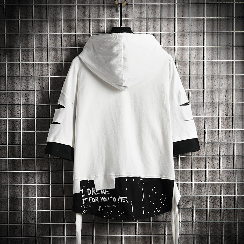 SingleRoad Men's Hoodies Ripped Summer Patchwork Ribbon Sweatshirt Male Hip Hop Harajuku Japanese Streetwear Black Hoodie Men 201020