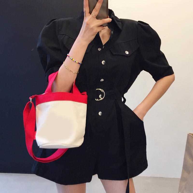 Korejpaa Women Jumpsuit Korea Chic Wild Lapel Metal Single-breasted Loose Ring Belt Multi-pocket Tooling Short Rompers 210526