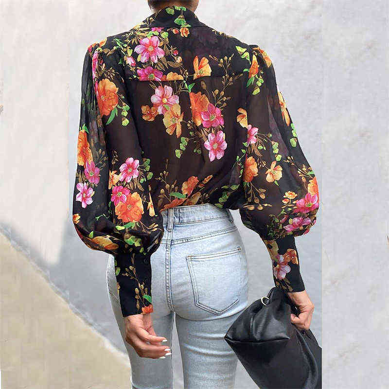 2021 Autumn Puff Sleeve Shirts Blouse Women Floral/Leopard Long Sleeve Lapel Buttons Vintage Shirts Elegant Blouses Tops Female Y211125