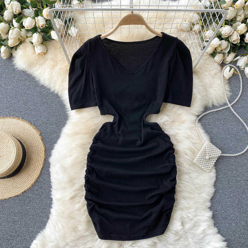 DEAT Women Hollow Out Dress Round Neck Short Sleeve Arrivals Lady Sexy Temperament Fashion Spring Summer 11D1572 210709