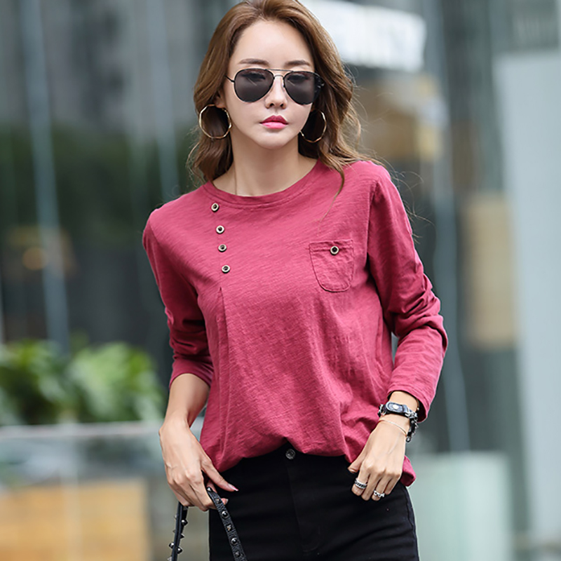 shintimes Bamboo Tshirt Women Button Pockets Female T-Shirt Cotton Autumn Long Sleeve Loose Woman Clothes Tee Shirt Femme 210310
