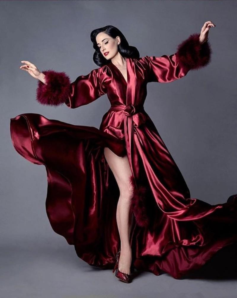 Feather Sleepwear Customize Pajamas Photograph Bathrobe Long Sleeves Bridal Robe Nightgown Floor Length Split Evening Dress