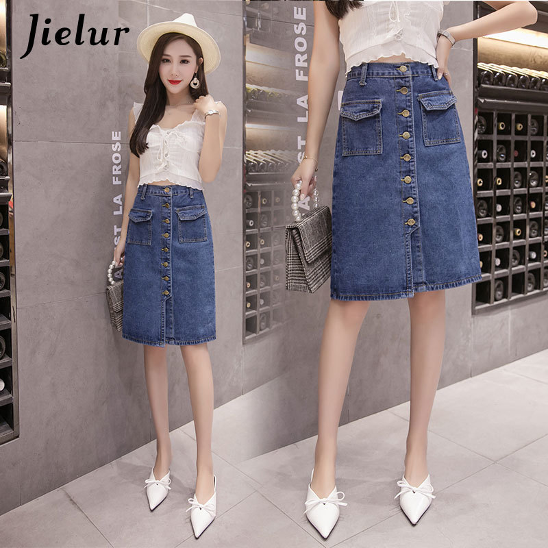 Jielur High Waist Denim Skirts Plus Size Buttons Pockets Classic Jeans Skirt for Women S-5XL Fashion Korean Elegant Jupe Femme 210306