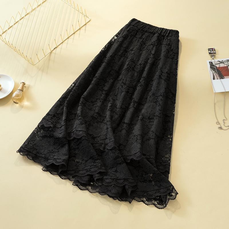 2021 Summer Black Lace Long Skirt Faldas Plus Size Loose High Waist Women Skirts Loose A- Line Midi Skirt for Women Skirts 9833 210309