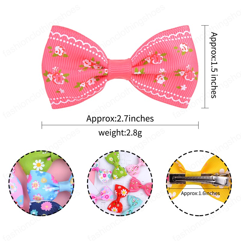 20 Color Printed Floral Hair Clip Bowkont Grosgrain Ribbon Hair Bows for Girl Kids Handmade Hairgrips Headwear Hair Accessories