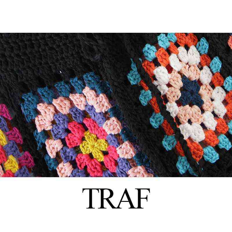 TRAF Women's Clothes Pants Handmade Crochet Sexy Hollow Out Black Square Motif 4 Season Women Special 211115