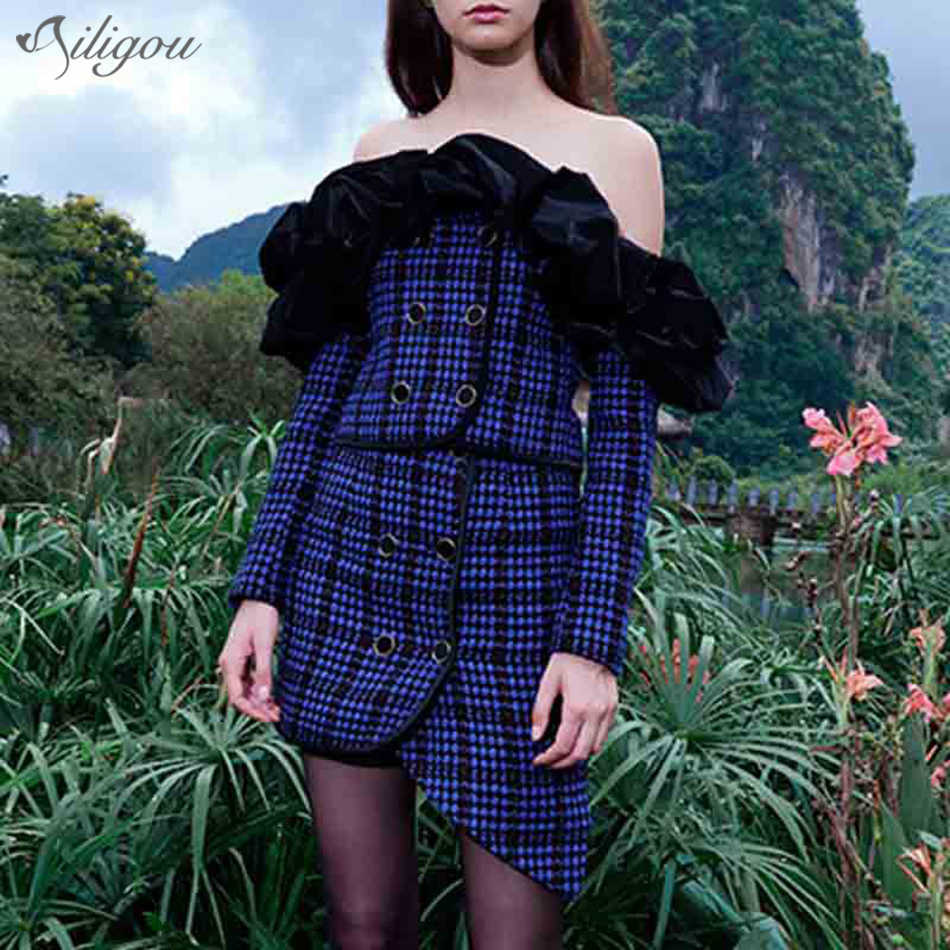 Summer Ladies Sexy 2-Piece Set Strapless Ruffled Double-Breasted Tweed Short Jacket + Irregular Skirt Fashion Suit 210527