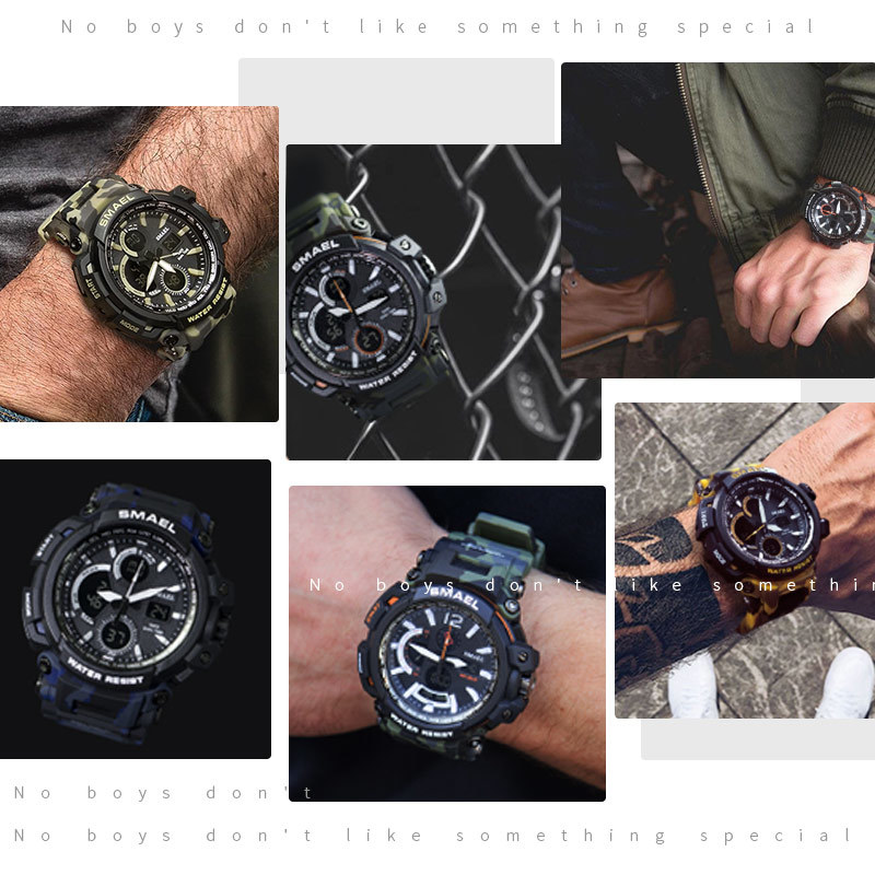 SMAEL Camouflage Military Watch Men Waterproof Dual Time Display Mens Sport Wristwatch Digital Analog Quartz Watches Male 1708 210310