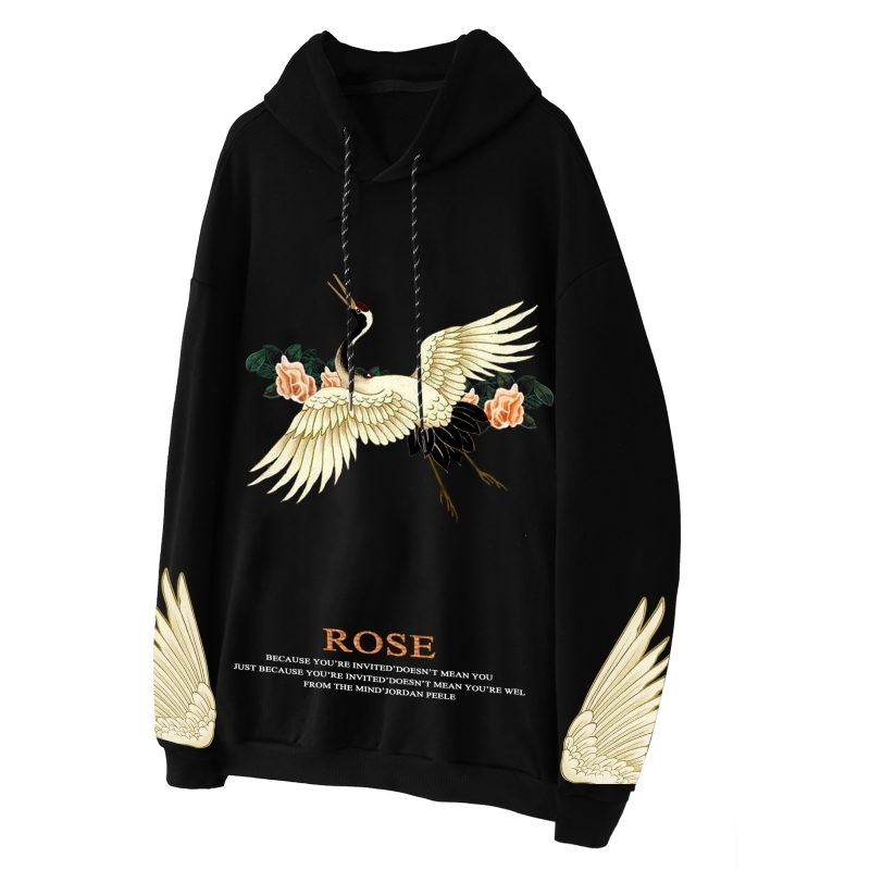 Fashion Style Japanese Crane Printing Hoodies Men 100%Cotton Fashion Long Sleeve Black Hoodie 201126