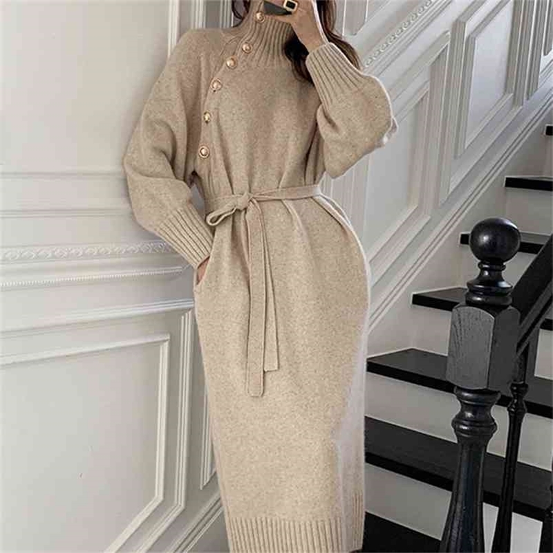 Winter Turtleneck Buttons Women Knitted Dress Elegant Full Sleeve Lace-up Female Thicken Long Sweater 210603, Picture color
Winter Turtleneck Buttons Women Knitted Dress Elegant Full Sleeve Lace-up Female Thicken Long Sweater 210603, Picture color