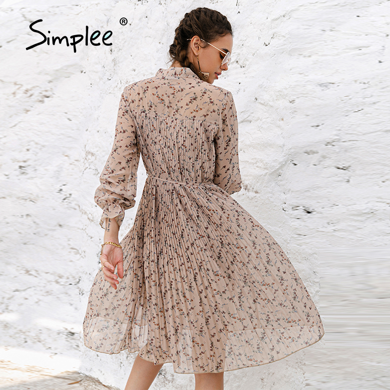 Simplee Elegant spring summer floral print midi dress women Ruffle sleeve bow sash pleated dress chic High waist dresses loose 210309