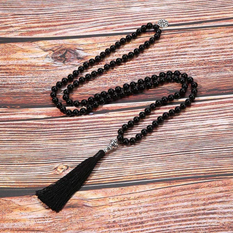 108 mala beads necklace black onyx 8mm rosary meditation jewelry japamala tassel necklace with tree of life pendant, Silver
108 mala beads necklace black onyx 8mm rosary meditation jewelry japamala tassel necklace with tree of life pendant, Silver