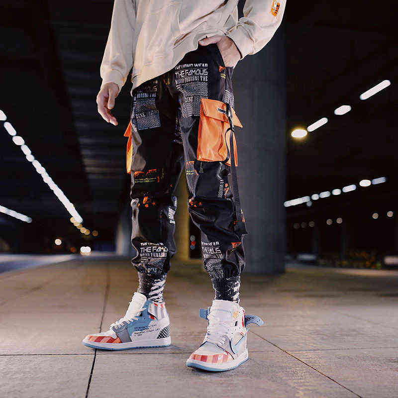 Man Pants Fashion Streetwear Stitching Color Joggers Hip Hop Long Pants Men Elastic Waist Cargo Pants 211112