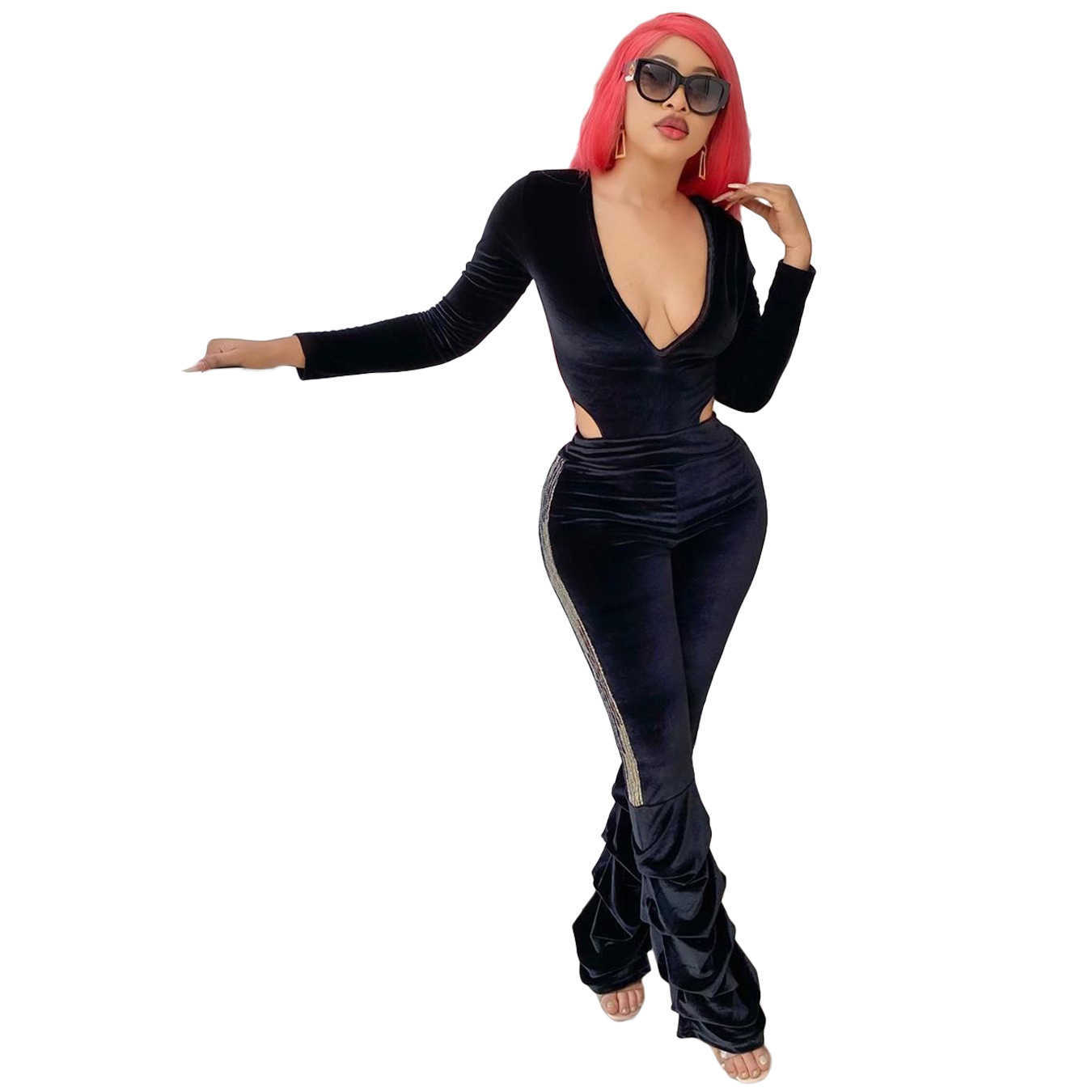 Fall Gold Velour Suit Ladies Sexy Deep V-neck Long Sleeve Jumpsuits +Sequins Stacked Pants Ensemble Femme 2 Pieces Dresy Damskie 210604