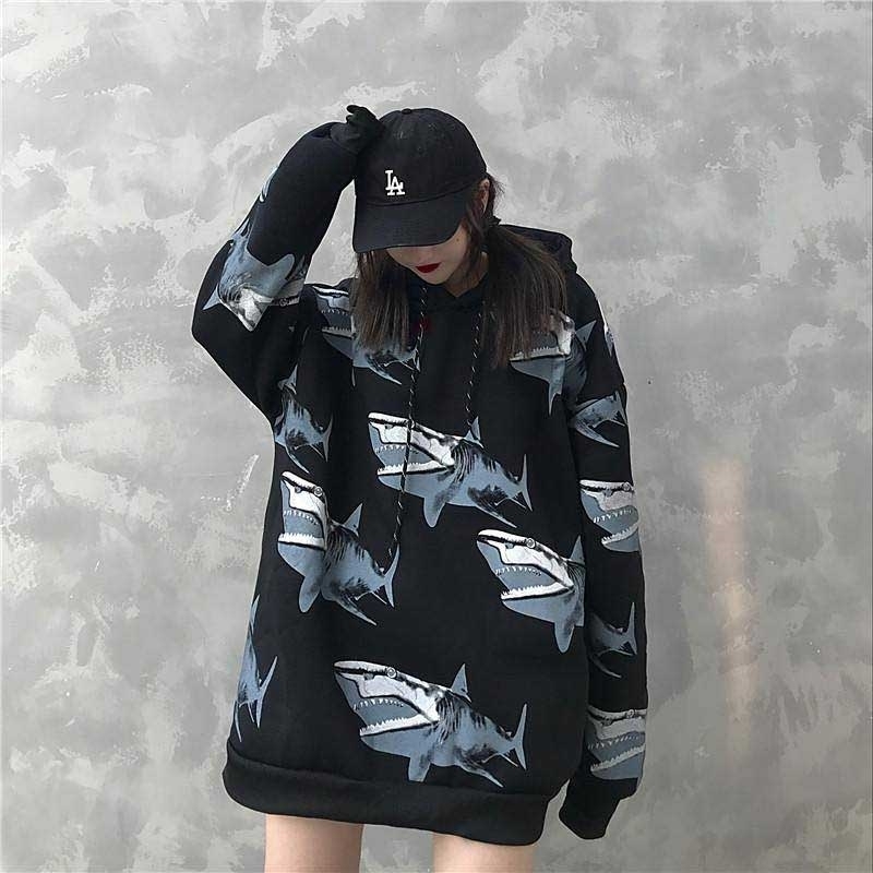 NiceMix Female winter new fashion ins shark print Harajuku loose casual plus velvet retro hip hop jacket jacket hoodie swea 201204